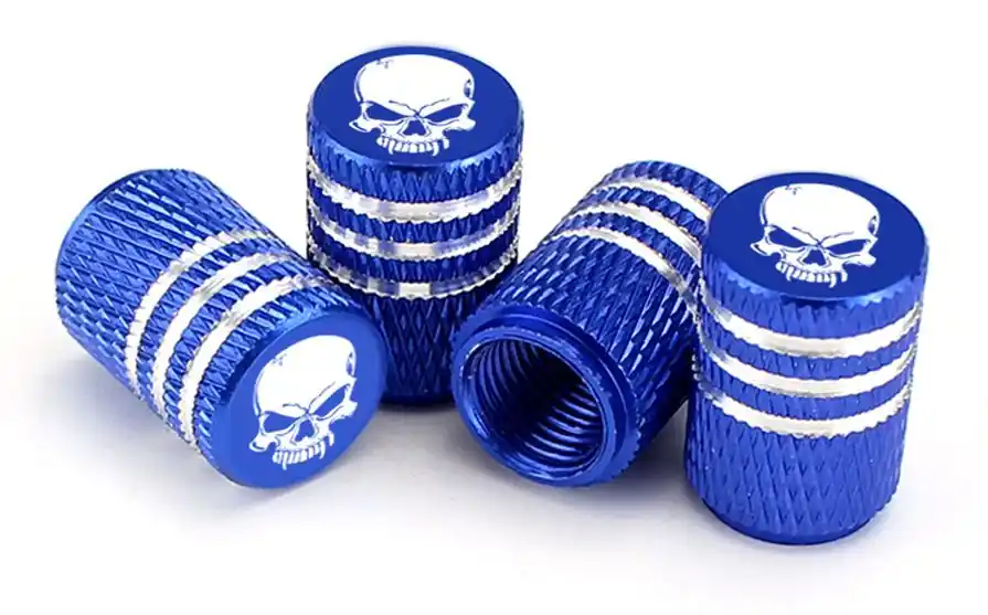 Must-Have Čepičky na ventilek AV auto 2 ks elox logo lebka modrá
